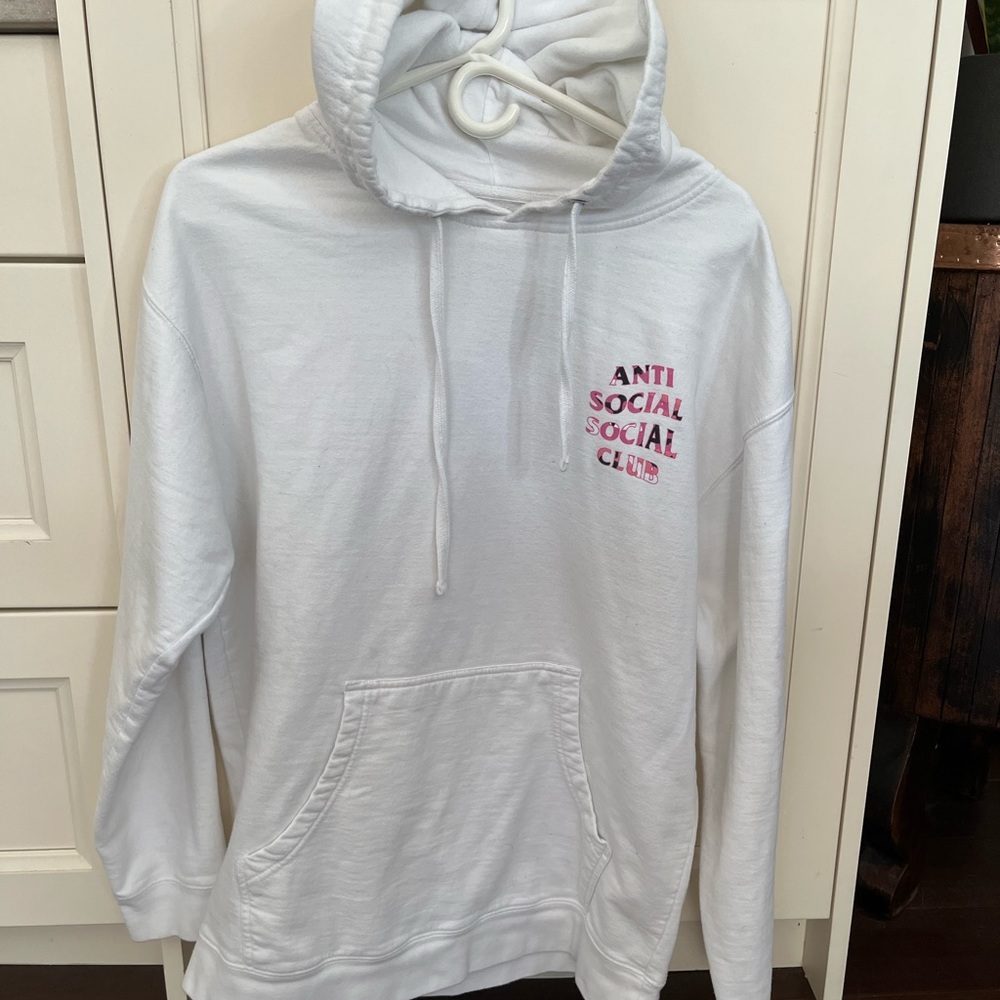ASSC hoodie white with pink camo lettering size large gently used.